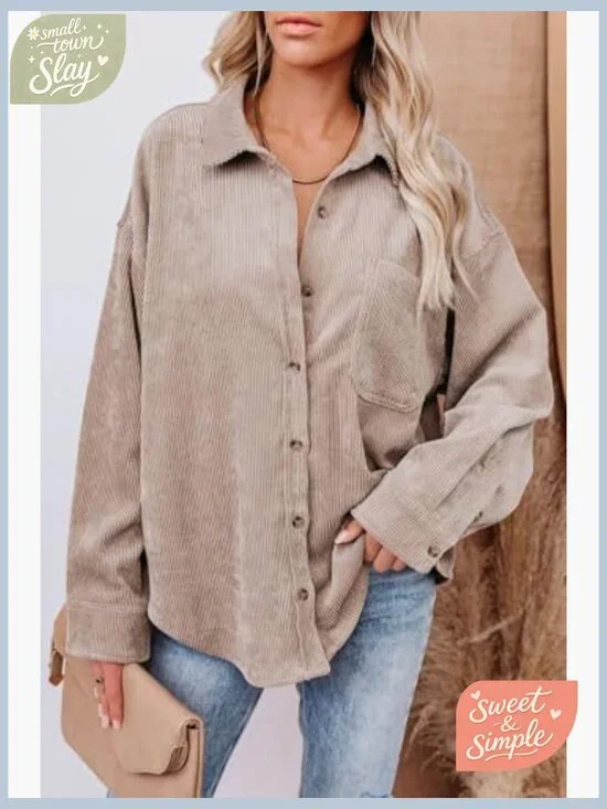 Oversized Corduroy Button Down Shirt with Pockets Long Sleeve V Neck Blouse - Picture 2 of 7